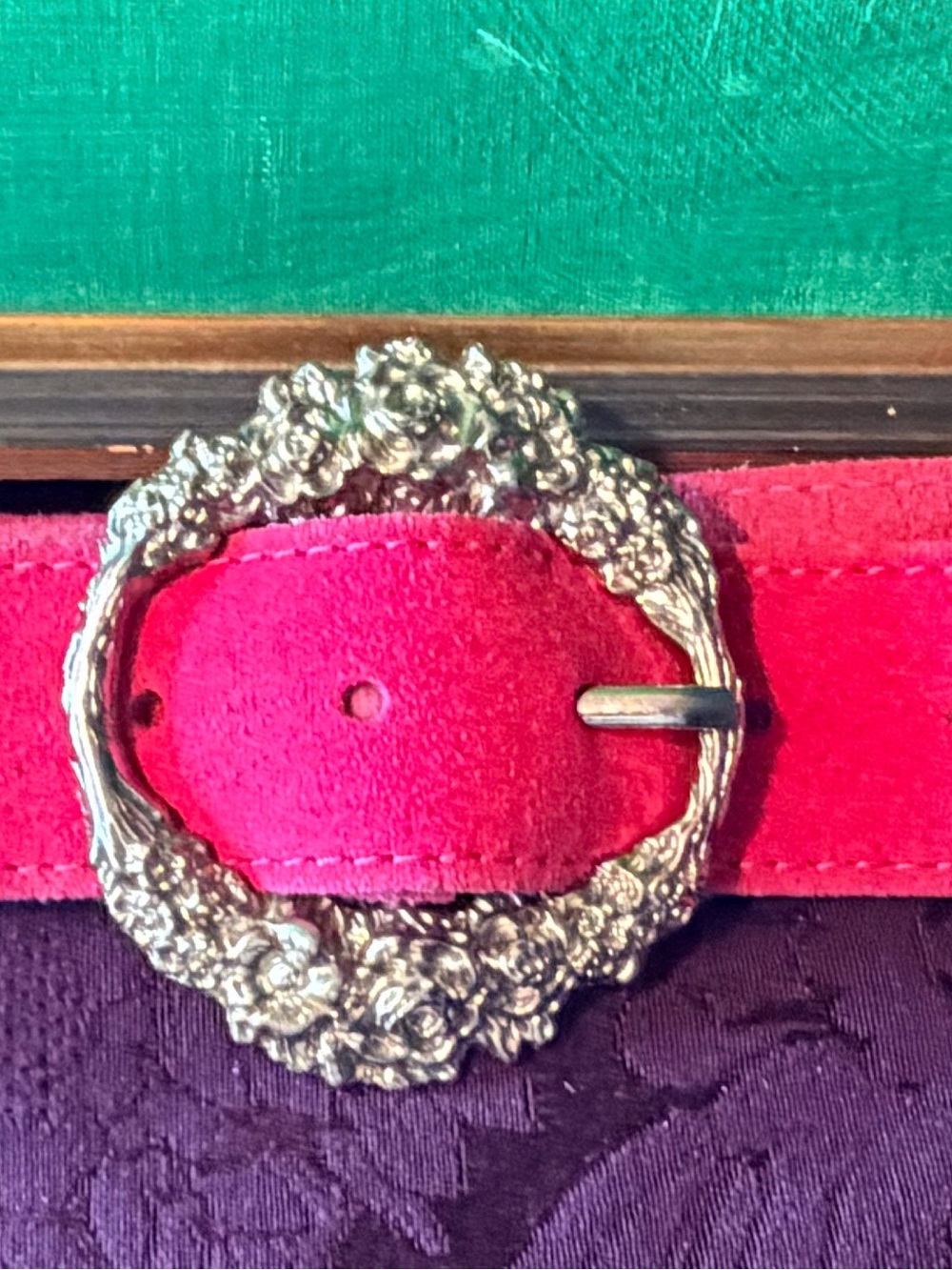 Free People Hot Pink Suede Belt with Ornate Silver Floral Buckle